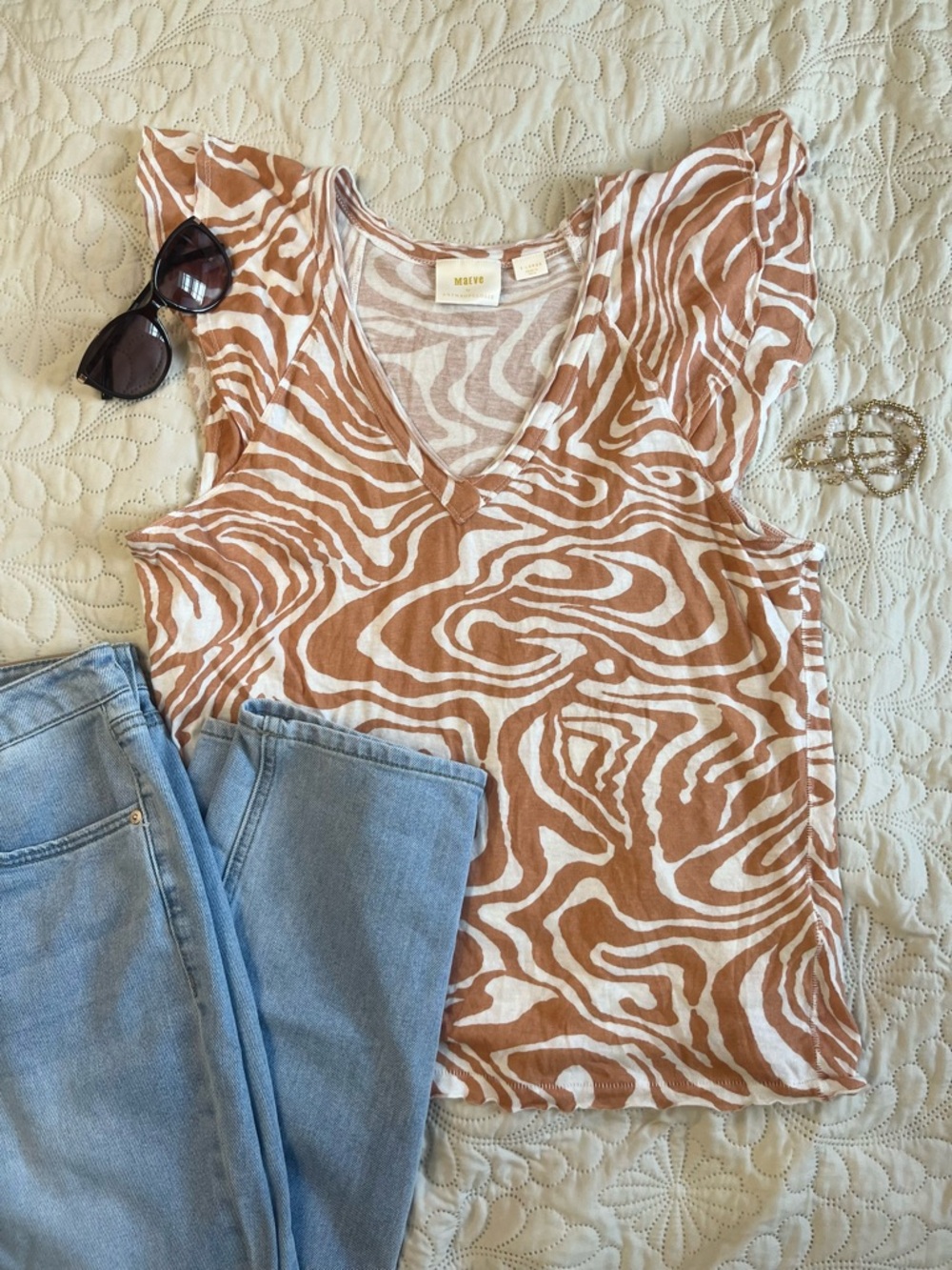 Maeve Anthropology Catie Ruffle-Sleeved Tee Orange/White XL